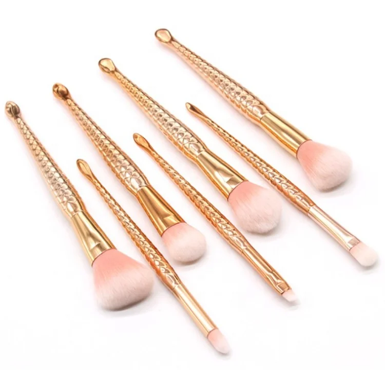 

2021 Popular OEM Private Label Blush Eyebrow Brush 7pcs Customised Mermaid Make Up Brushes Set, As pics