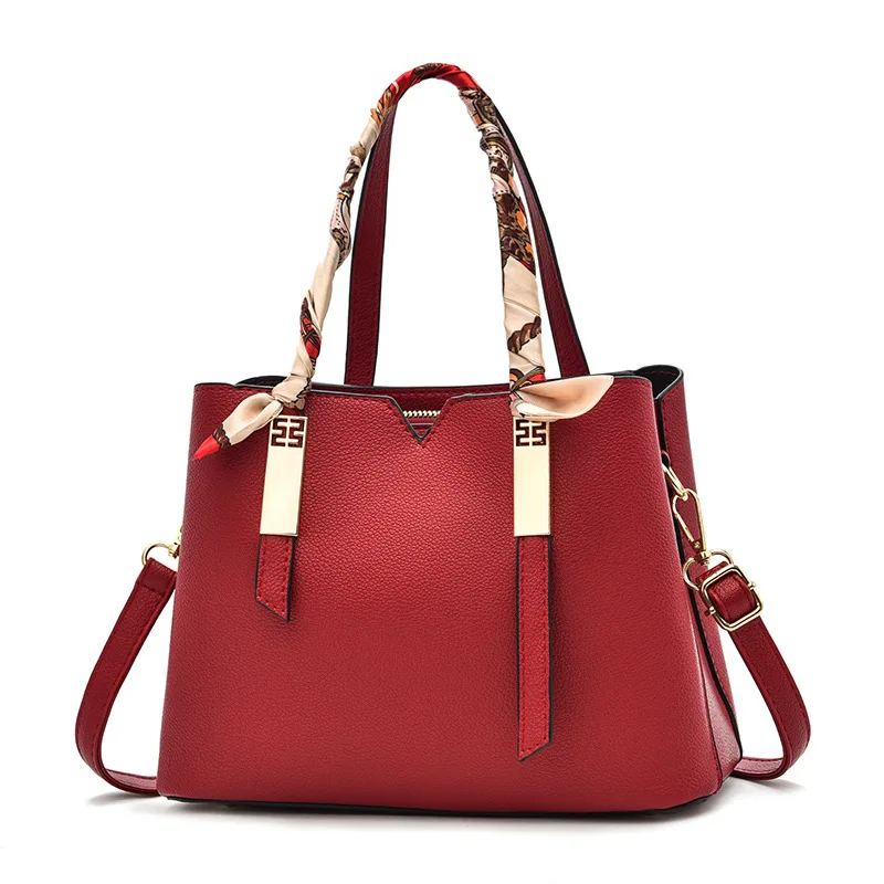 

2022 Latest Design Pu Leather Shoulder Bag Fashion Silk Scarf Ladies Large Tote Bags, 4 colors