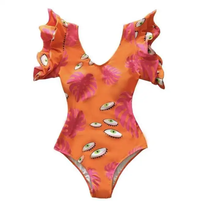 

BK-030 2021 New Bikini Orange eye print flutter ruffle short sleeve jumpsuit one piece swimsuit for women swimwear, Shown