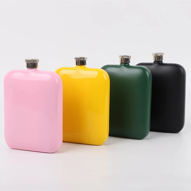 

Available 6OZ 304 Stainless Steel Wine Bottle Hip Flask Colorful Flat Square Wine Jug