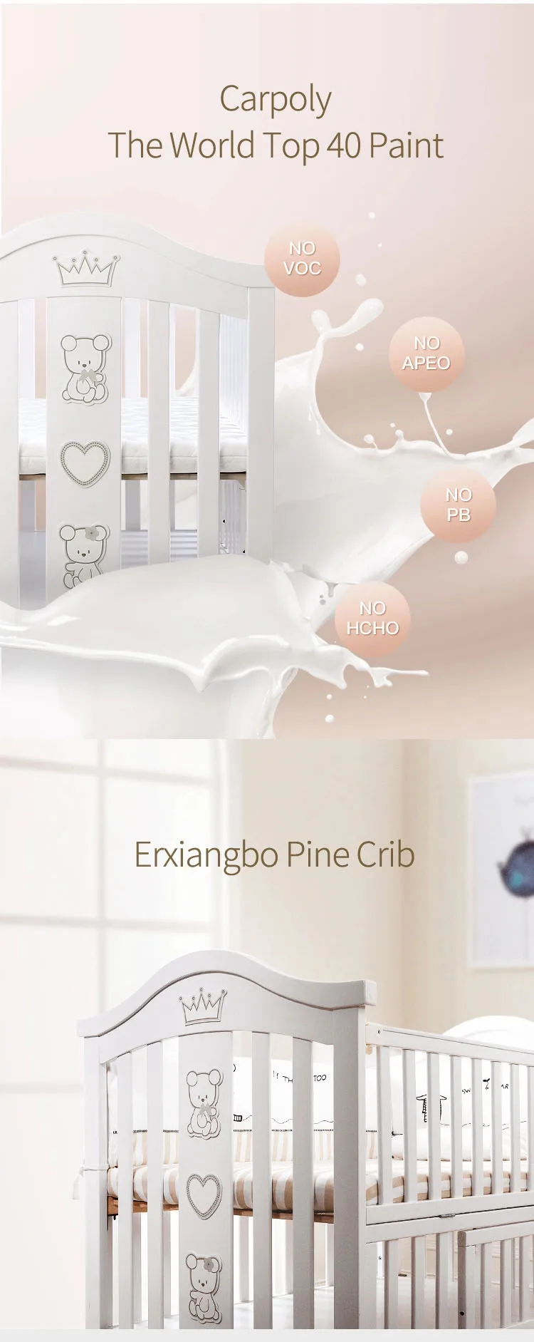 4 In 1function Luxury Safe Painted White Wooden Bed Crib Picture