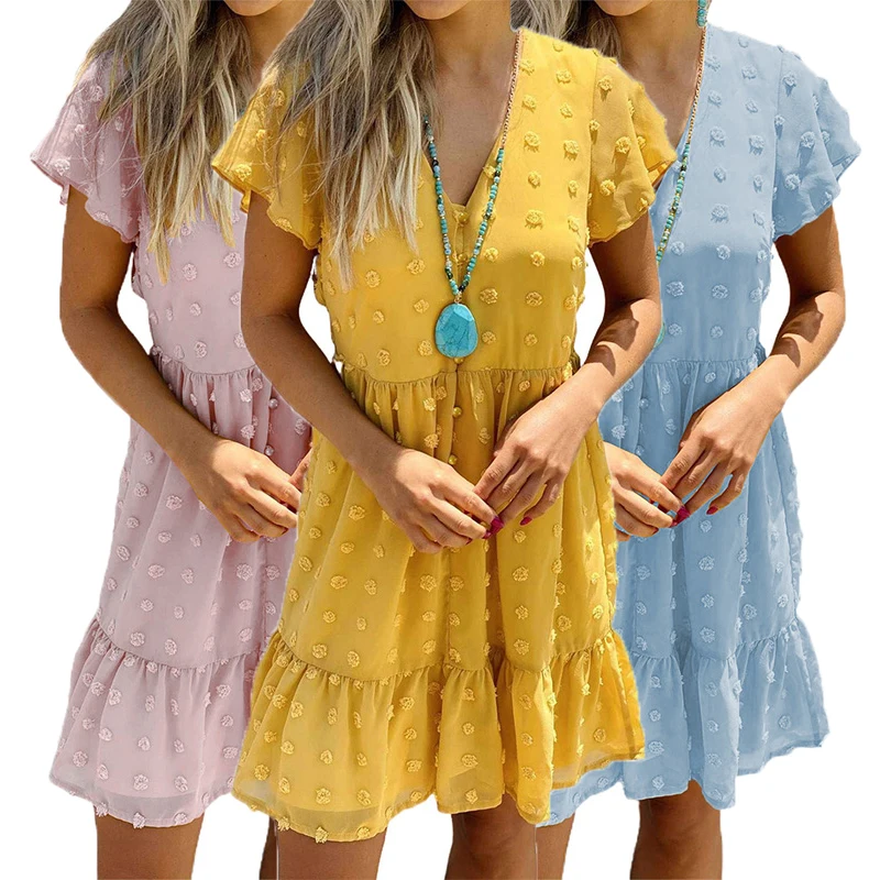 

Sexy Women Yellow Polka Dot V Neck Ruffled Short Sleeves Mini Dress Spring Casual Dresses 2021