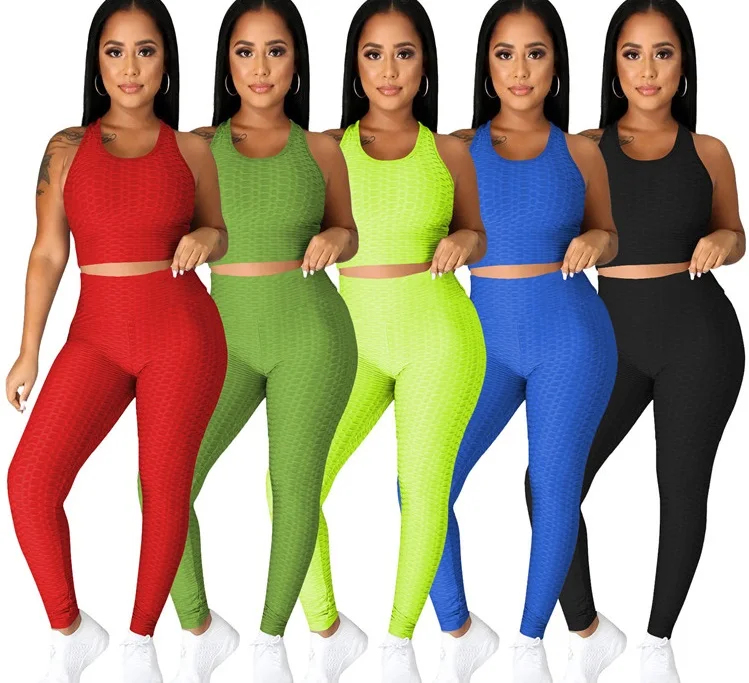 

2021 High Quality Ladies Fitness Tracksuit Sleeveless Tops Long Pants Plus Size Summer Women Yoga 2 Piece Set, Pictures showed
