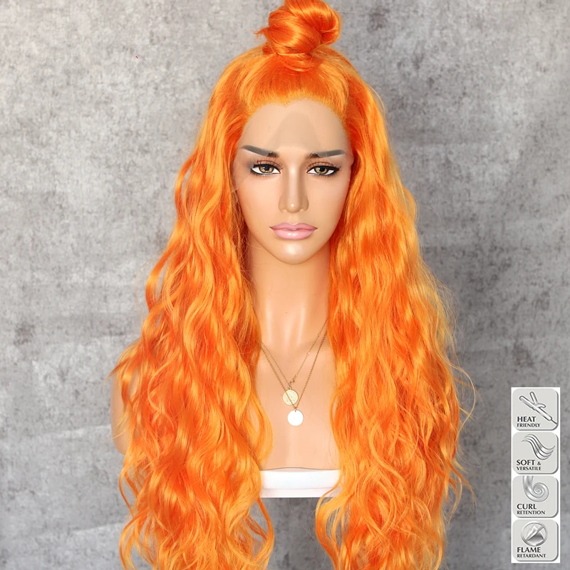 

Orange Color Natural Wave Hand Tied Cosplay Women Valentine's Day present Wedding Party Daily Makeup Synthetic Lace Front Wigs