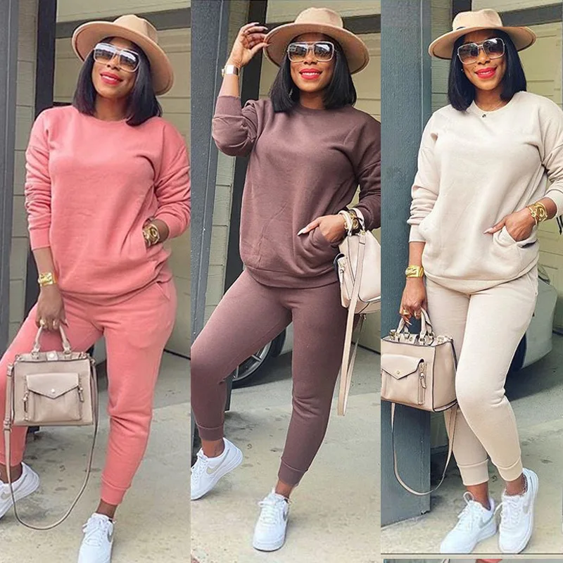 

2020 fall winter new products fashion solid color cotton slimming casual suit 2pcs set woman