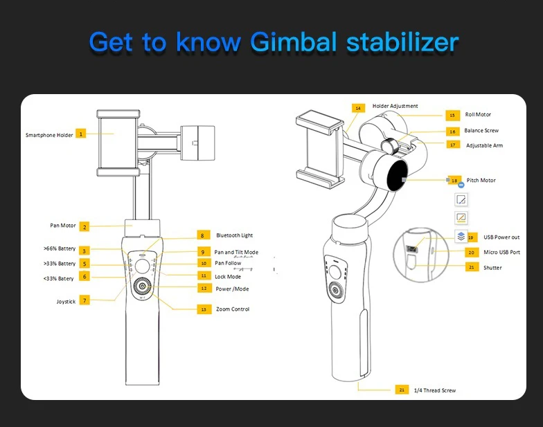 3 Operation Modes Panoramic Shooting Cell Phone Handheld Gimbal Camera Stabilizer with Tripod for Film Maker Video Vlog