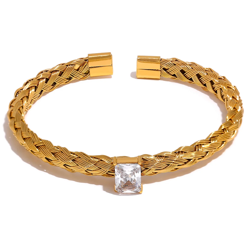 

JINYOU 505 18K Gold Plated Stainless Steel Mesh Weave Open Bangle Bracelet Cubic Zirconia Bling Charm Waterproof Jewelry Women