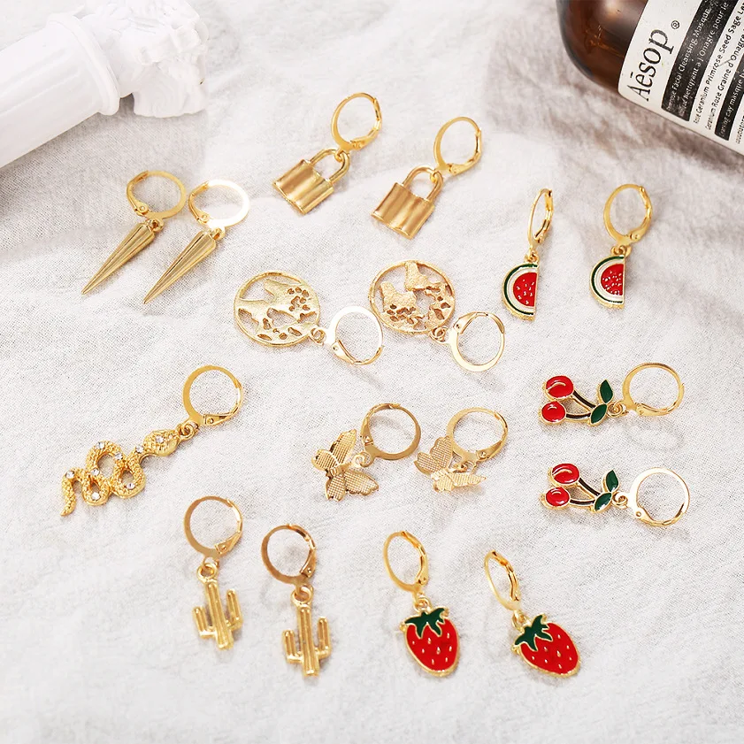 

New fashion fruit earring set 9 pieces set Creative simple multi - element snake earrings