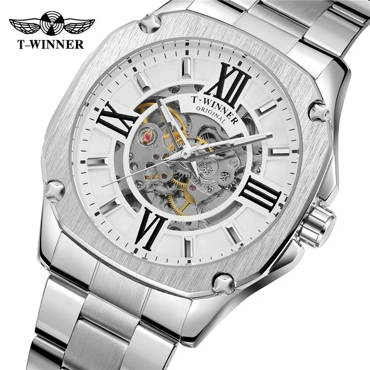 

T-Winner 8184 Luxury brand Men's skeleton watches automatic mechanical steel strap fashion steampunk rose gold wrist watch