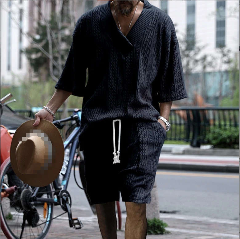 Summer Men's Casual Loose Three-quarter Sleeve Top Jacquard Knit Top Shorts Men's Suit Beach Holiday Wear Two-Piece Clothing