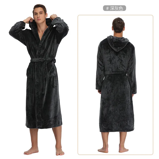 

Bath Robe Cotton Soft Plain black Coral fleece Men's robe pajamas Autumn and winter Bathrobe male Plus size and grow a bathrobe, Shown