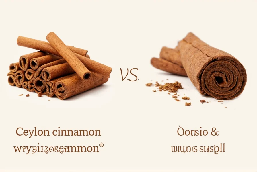 Side-by-side visual comparison showing Ceylon cinnamon's multiple thin layers versus Cassia's single thick scroll formation
