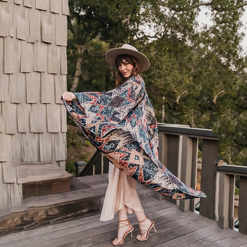 

Flare Sleeve Oversize Bohemian Long Cardigans Summer Swimwear Bikini Outerwear Vintage Print Floral Beach Cover Up