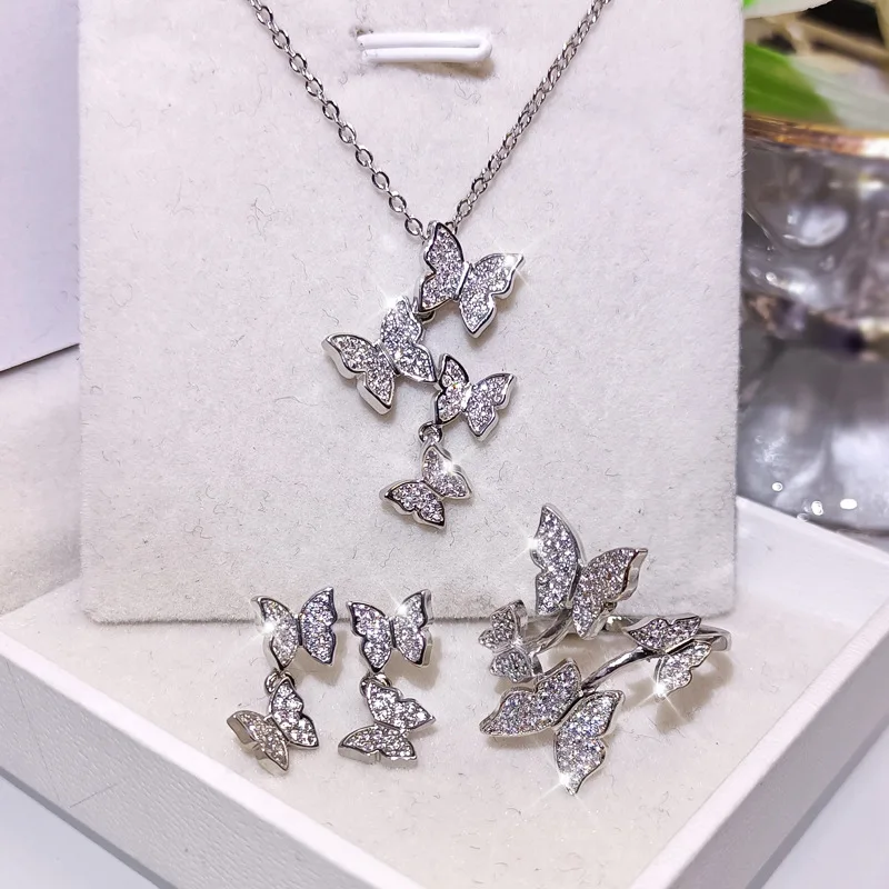 

2022 Statement Earrings Ring Spliced Butterfly Jewelry Set Shiny Full Diamond Butterfly Necklace Women Jewelry Set Earrings