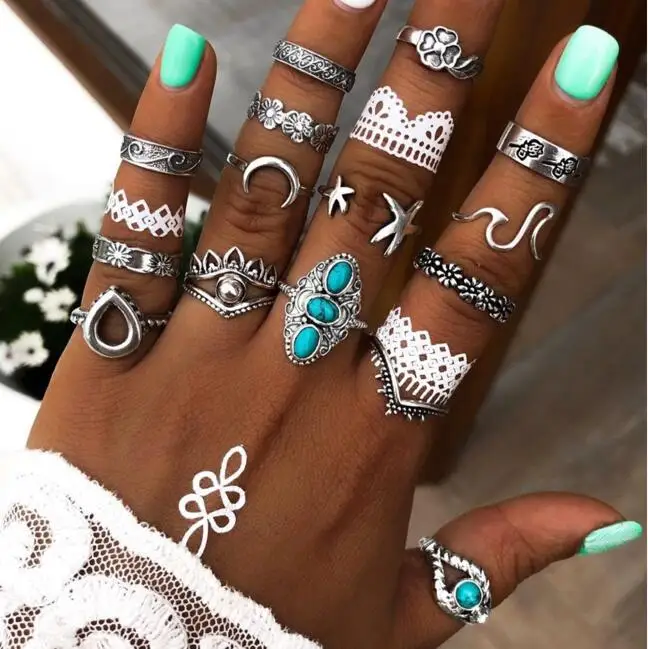 

Factory Vintage Antique Silver Plated 16 Pcs Ring Set Turquoise Engraved Flower for Fashion Women 2020
