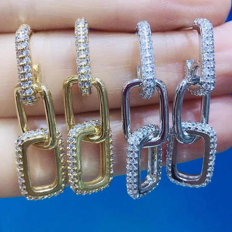 

EC1682 2021 Chic Cubic Zirconia CZ Micro Pave Paper Clip Link Chain Dangle Charm Earrings