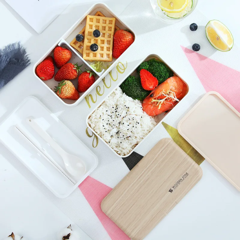 

Nordic style double wooden office student bento portable microwave lunch box