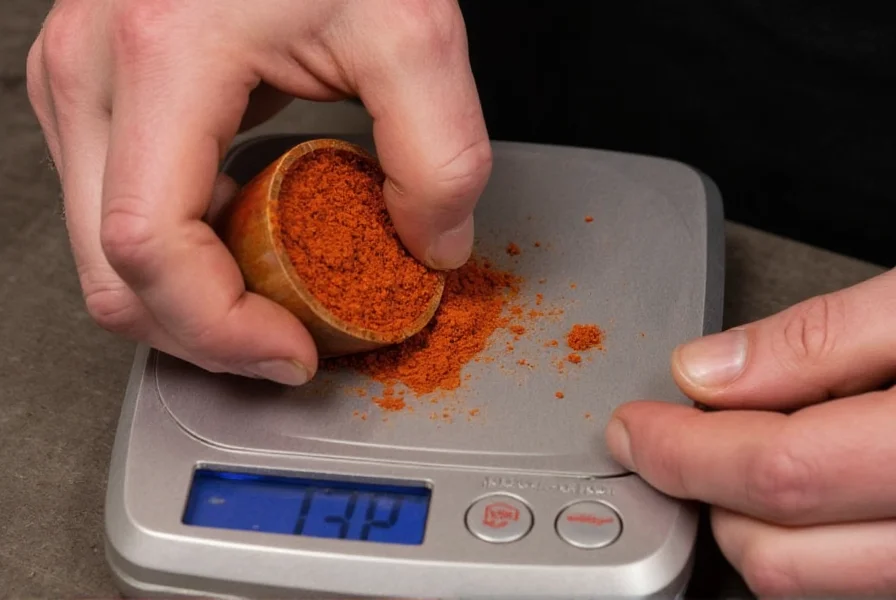 Professional chef carefully measuring Carolina Reaper powder with precision scale for culinary use