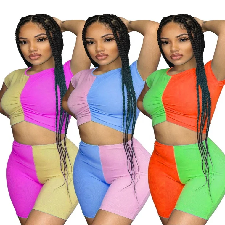 

MT62-839 Custom Color Block 2 Piece Cotton Biker Shorts Set Women