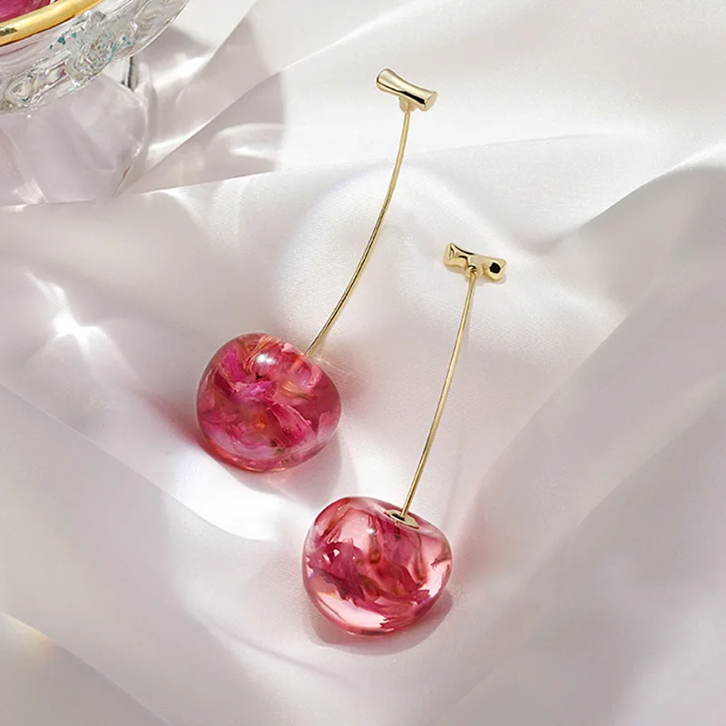 

Long Dried Flower Fruit French Personality Earrings Sweet Red Cherry Resin Earrings