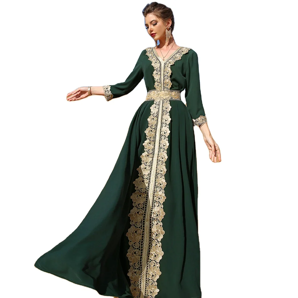 

2022 Dark green embroidered lace Elegant retro vacation gorgeous Middle Eastern dress, Picture