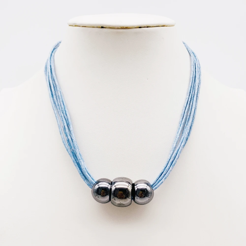 

2020 Customized Wax Cord Neck Gunmetal Big Copper Coated Bead Necklace, Light blue