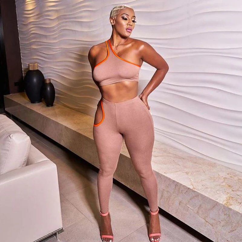 

Sandtree X21ST444 Summer Yoga Wear One Shoulder Crop Top High Waist Hollow Out Pants Casual Slim Two Piece Set Women