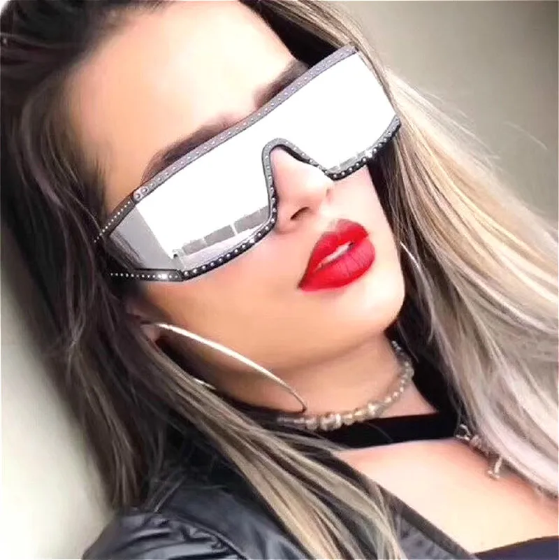 

2019 Steampunk oversized women sunglasses brand designer rivets one piece sun glasses flat top square mirror eyewear