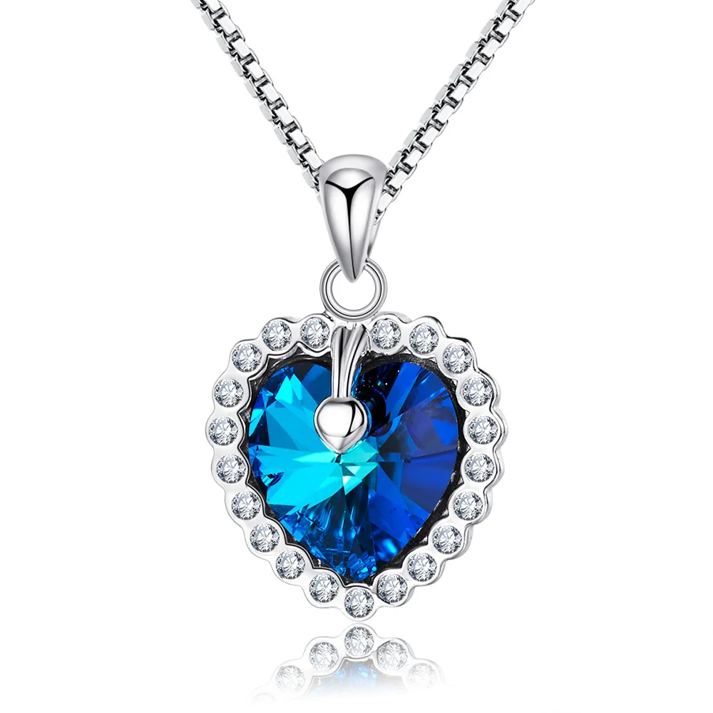 

High Quality S925 Sterling Silver Jewelry Genuine Austrian Crystal Romantic Love Heart Shape Necklace for Valentine's Day, Blue