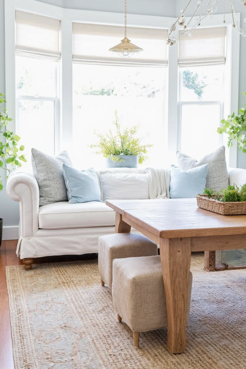 A coastal grandmother-style living room with muted blues, beige textures, and vintage accents.