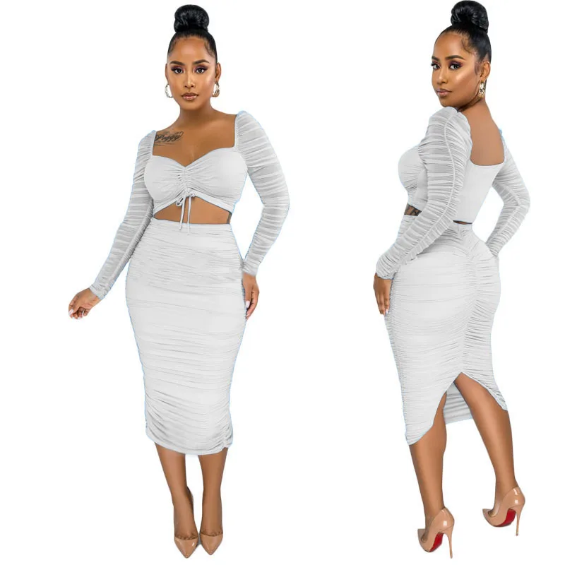 

Woman Clothing 2021 Sexy Pleated Two-piece Set Solid Color Elegant Casual Dress