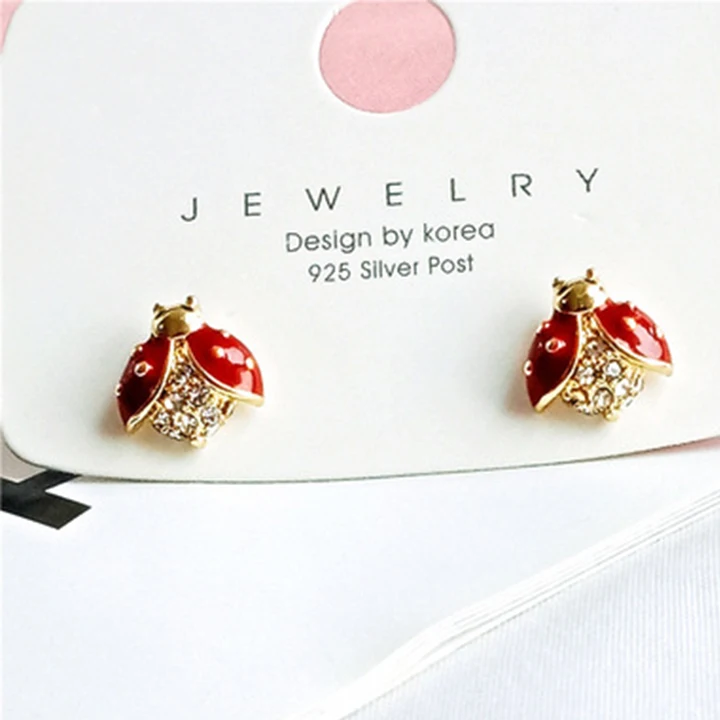 

S925 Silver Needle Stud Earrings Rhinestone Earrings Red Ladybug Earrings for Women, Picture shows