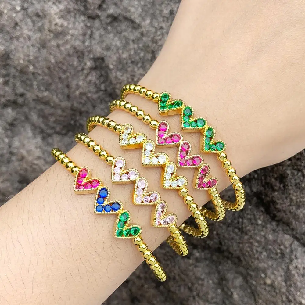 

Pulsera En Forma De corazon Gold Plated Beads Cuff Bangle Charm Colorful Zircon Three Heart Open Adjustable Bracelet