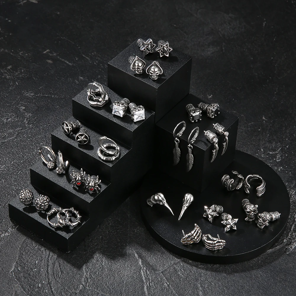 

KRKC Vintage Ghost Gothic Skull Stud Earrings Steam Skeleton Goth Punk Jewelry Set Women Mens Hoop Stainless Steel Punk Earrings