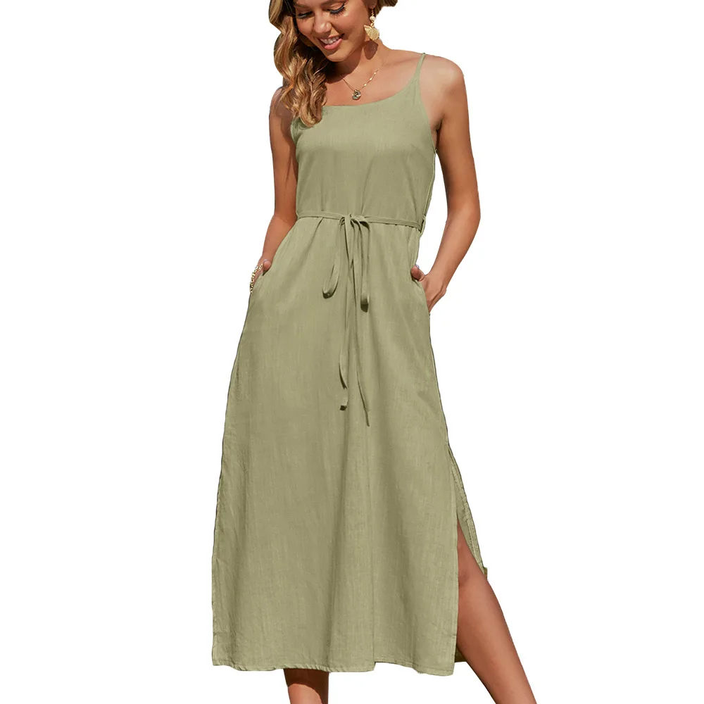 

2021 spring and summer women's cotton and linen sling dress split casual linen long skirt