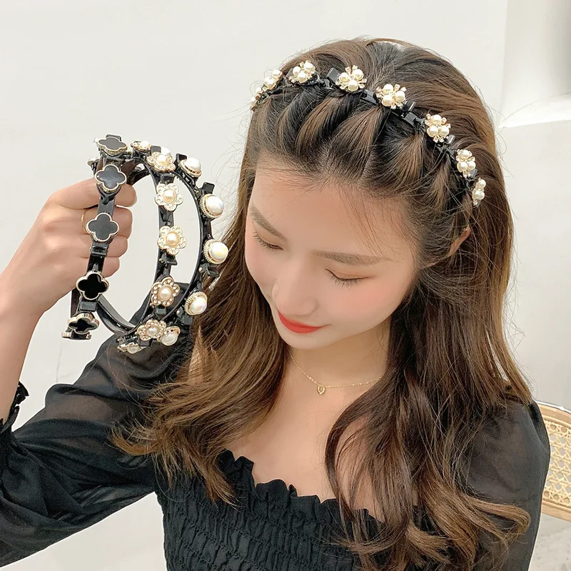 

New Fashion Women Simple Bride Diamond Headbands Handmade Sweet Pearl Rhinestone Hair Hoop Headband Clover Non-Slip Hairband