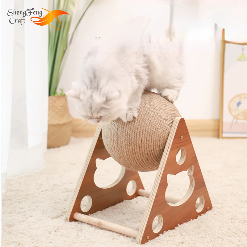 

Shengfeng Interactive Cat Scratching Toy Wooden Grinding Paws Wear-resistant Kitty Scratcher Sisal Rope Cat Scratch Rolling Ball