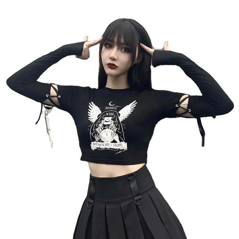

Women fashion printed laced sleeve crop top t shirt