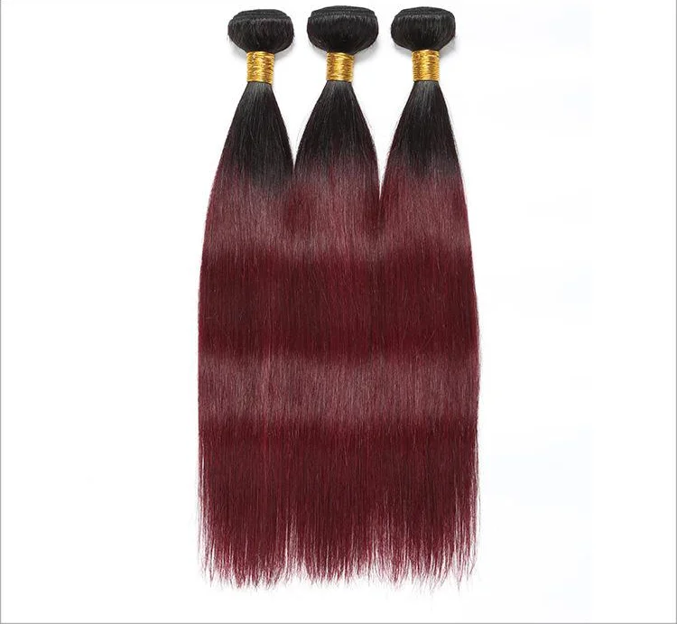 

Burgundy Ombre Straight Human Hair Unprocessed Peruvian Virgin Remy Straight Hair Bundles Color 1b/99j Hair Weft Extensions