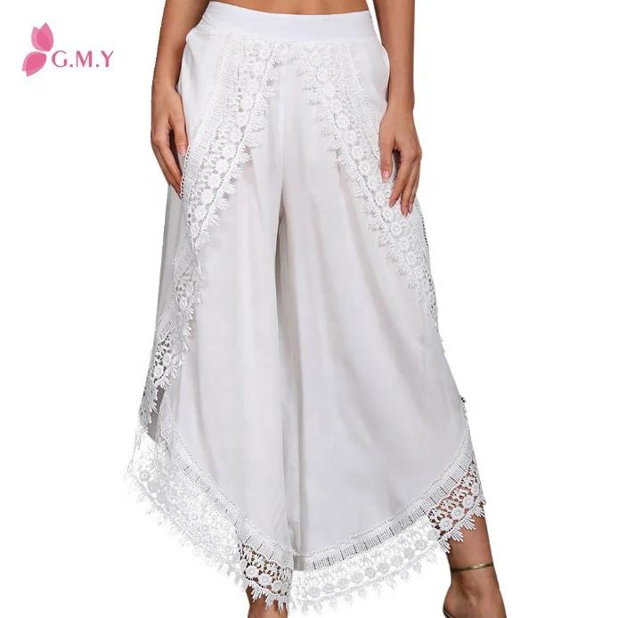 

2020 Hot Sale Women Casual Lace Splicing Bell Bottom Loose Plus Size Wide Leg Pants Trousers, Black,white,navy,drak green,burgundy