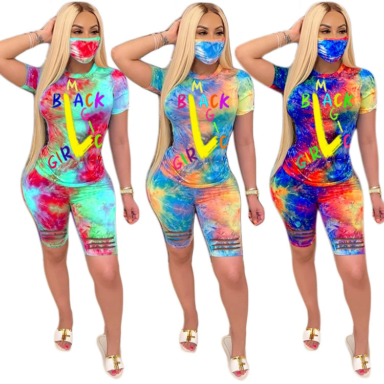 

Custom Logo Sexy Summer Tie Dye Letter Print Burn Out Outfits Pant Set Plus Size Women Two Piece Shorts Set, As shown
