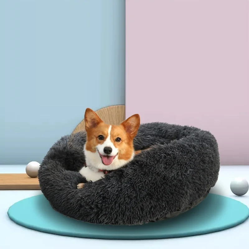 

Pet Supplies Removable and Washable Round Plush Warm Kennel Pet Cushion Donut Anxiety Dog Bed, As show