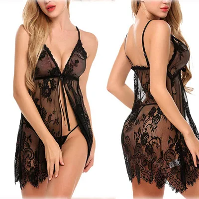 

New Arrival Women Lingerie Open Front Babydoll Lace Chemise Sleepwear Sheer Mesh Robe From Factory