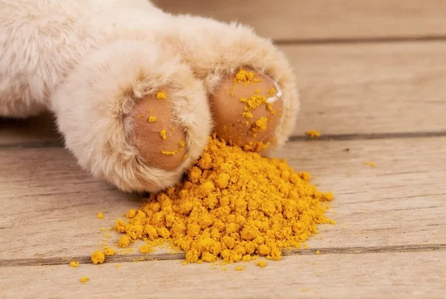Golden turmeric powder next to measuring spoon for dog dosage