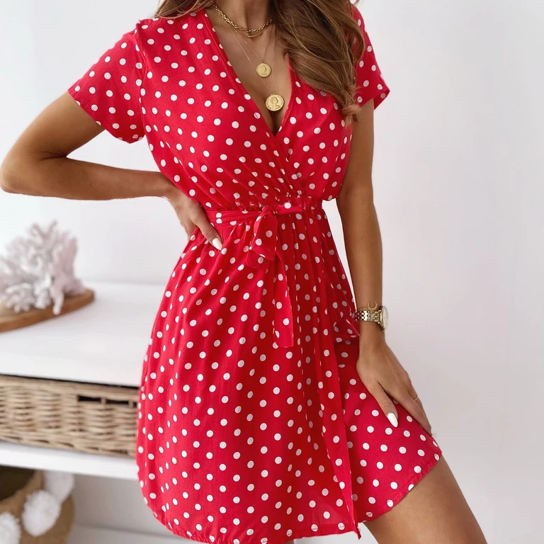 

Sell Hot V-Neck Casual Dresses White Polka Dot V Neck Short Sleeves Loose Waist Line Spring Summer Casual Dresses, Black, red, the sky blue, blue