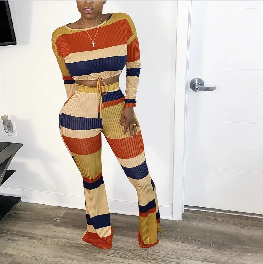 

Women Two-piece Rainbow Striped T-shirt Wide Leg Pants Casual Fashion Suit