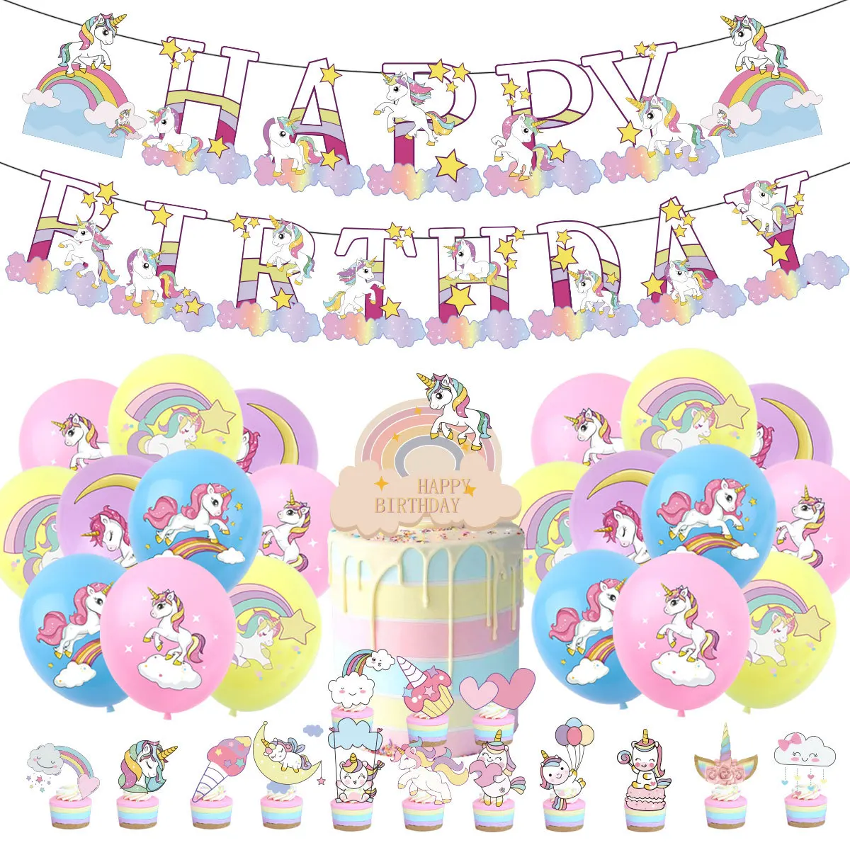 

Unicorn Theme Set Banner Cloud Cake Topper Unicorn Balloons Birthday Supplies Kids Party Decorations