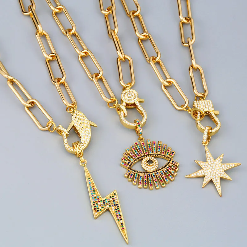 

18K Gold Chunky Chain Necklaces For Women Zircon Fatima Hand Evil Eye Lightning DIY Pendant Necklace Hiphop Jewelry Gif(KNK5326), Same as the picture
