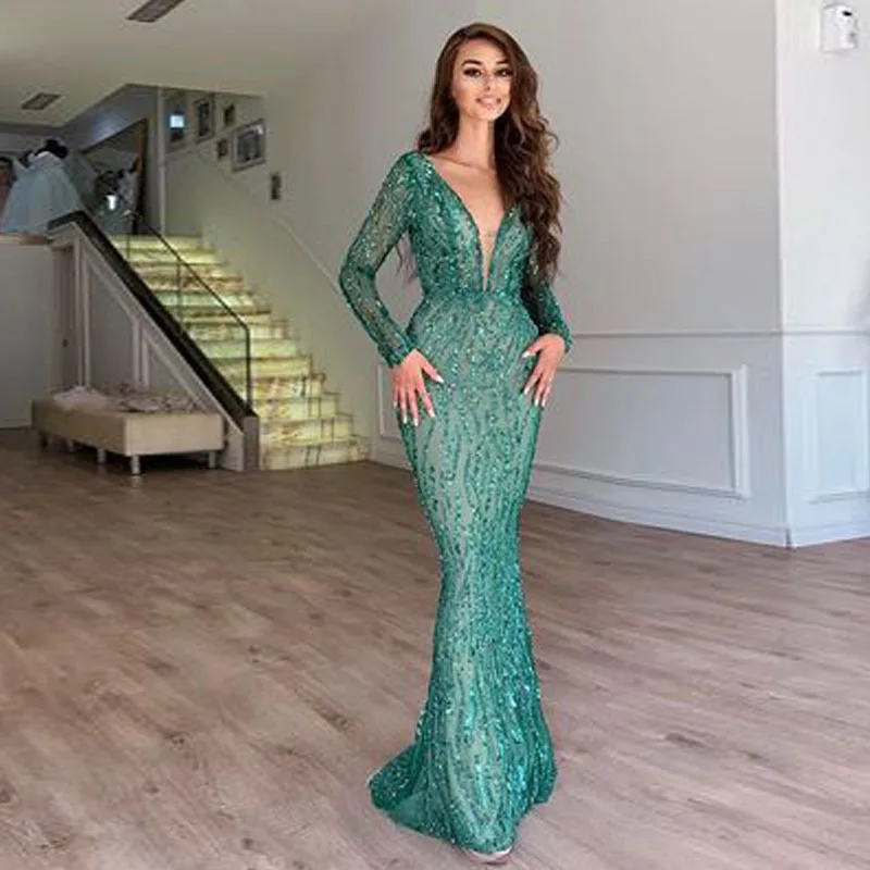 

Elegant Luxury Wedding Dress Deep V-neck Long Sleeve Floor Length Transparent Maxi Dress Women Embroidered Prom Dress