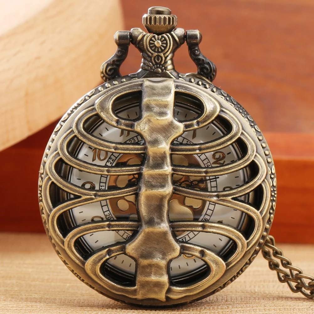 

Retro Steampunk Necklace Pendant Chain Spine Ribs Hollow Quartz Pocket Watch For Men Women Gifts